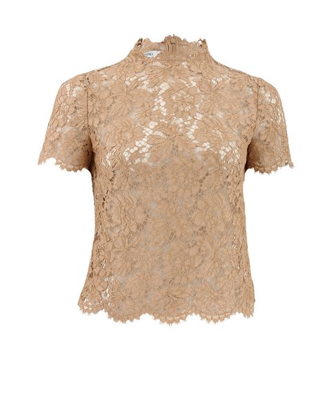 valentino lace top in camel. Beige Lace Top, Scalloped Shirt, Camel Shirt, Valentino Shirt, Scalloped Blouse, Banded Collar Shirts, Beige Blouse, Frocks For Girls, Beige Top