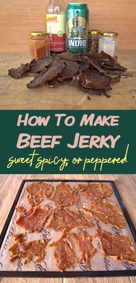 How to make sweet, spicy, or peppered beef jerky Homemade Beef Jerky Marinade, Beef Jerky Recipe Dehydrator Air Fryer, Sweet Beef Jerky Recipe, Beef Jerky Marinade Recipe, Easy Beef Jerky, Jerky Flavors, Teriyaki Beef Jerky Recipe, Jerky Marinade Recipes, Beef Jerky Dehydrator