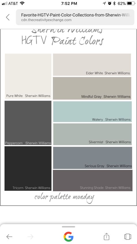 Watery Sherwin Williams, Sherwin Williams Silvermist, Eider White Sherwin Williams, Hgtv Paint Colors, Peppercorn Sherwin Williams, Sherwin Williams Pure White, Pure White Sherwin Williams, Mindful Gray Sherwin Williams, Eider White