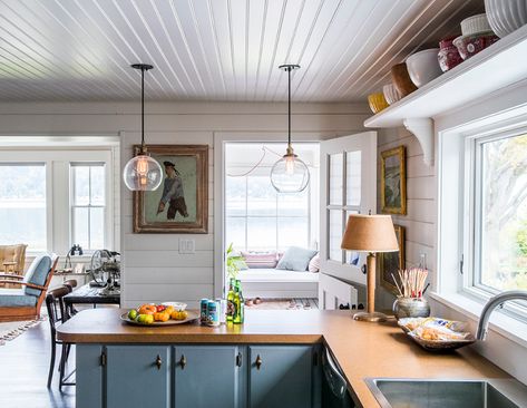 Hoedemaker Pfeiffer, Colored Cabinets, Coastal Cabin, Douglas Fir Flooring, Vashon Island, Vintage Decorating, Formica Countertops, Plywood Walls, Reclaimed Doors