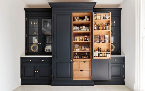 Edwardian Townhouse, Black Kitchen Ideas, Tom Howley Kitchens, Kitchen Larder Cupboard, Tom Howley, Key Kitchen, Breakfast Station, Organiser Cucina, Renovation House