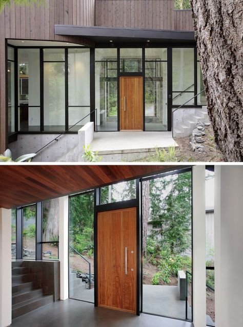 This light wood paneled door, featuring a silver door handle, is surrounded by a wall of windows and black steel frames that create a modern entryway full of natural light. Modern Wood Doors, Single Floor House Design, Wooden Front Doors, Modern Entryway, Glass Walls, Casa Container, Level Homes, Wood Door, Wood Doors Interior