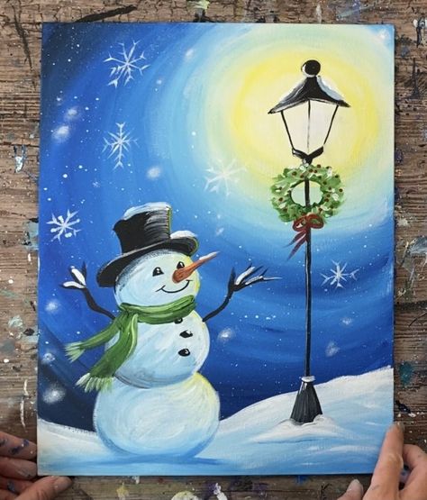 Drawing Related To Christmas, Christmas Related Paintings, Painting Ideas For Winter, Acrylic Painting Snowman, Cute Simple Christmas Paintings, Christmas Scenery Paintings Easy, Easy Winter Acrylic Paintings, How To Draw Winter, Drawings For Canvas