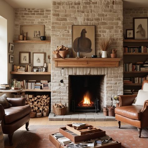 A cozy drawing room with exposed brick walls painted a warm white. A worn leather armchair sits in front of a stone fireplace with a crackling fire. A rustic wooden coffee table displays a collection of travel books and a well-worn chessboard. A handwoven wool rug in muted earth tones warms the floor. Woven baskets filled with firewood flank the fireplace. For more similar ideas, visit https://classydecorist.com/ #vintageinspiredlivingroom #vintagestylelivingroom #livingroomdecoration #living... Brick Built In Fireplace, Drawing Room With Fireplace, Exposed Stone Fireplace, Rustic Fireplace Wall, Cozy Stone Fireplace, Brown Brick Fireplace Decor, Brick Gas Fireplace Ideas, Wood And Brick Fireplace, Brick Fireplace Styling