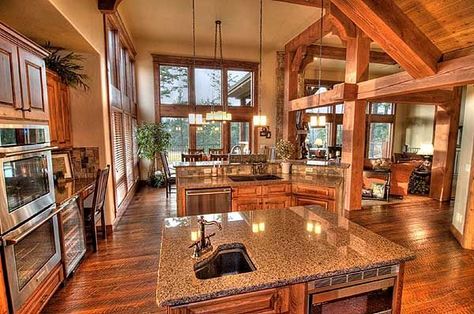 rustic one story rustic house plans with loft | Plan W59926ND: Vacation, Premium Collection, Country, Craftsman, Photo ... Rustic Kitchen Double Oven, Nook Kitchen, Lake Kitchen, Sloping Lot House Plan, Plans Architecture, Texas Ranch, Log Cabin Homes, Versace Home, Lodge Decor