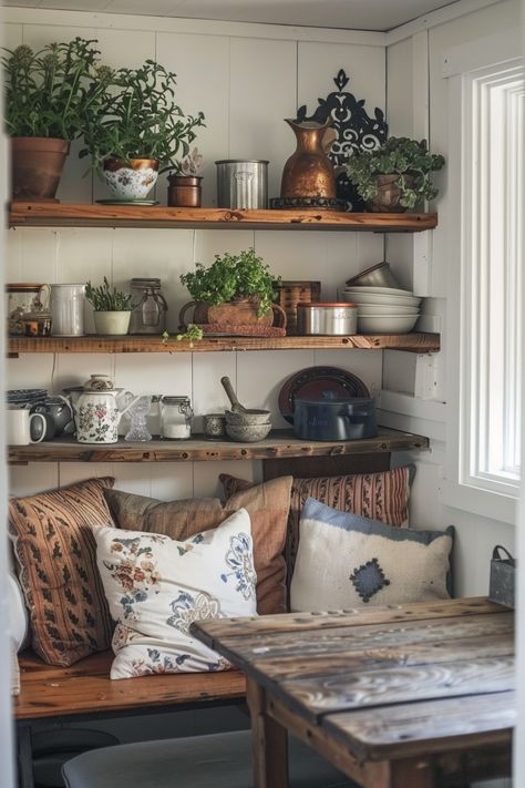 17 Ideas to Create the Perfect Farmhouse Breakfast Nook – Everyday Inspo Kitchen Nook With Shelves, Breakfast Nook With Shelves, Modern Farmhouse Breakfast Nook, Corner Window Seat, Farmhouse Breakfast Nook, Distressed Wood Table, Farmhouse Breakfast, Morning Kitchen, Antique Wooden Chairs