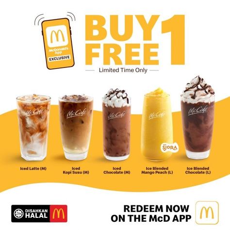 McDonald's Malaysia Buy 1 FREE 1 McCafe Drinks Promotion Buy 1 Get 1 Free Design Poster, Drink Promotion, Drink Posters, Mcdonald's App, Buy 1 Free 1, Ads Creative Advertising Ideas, Promotion Design, Pizza Design, Photo Coffee