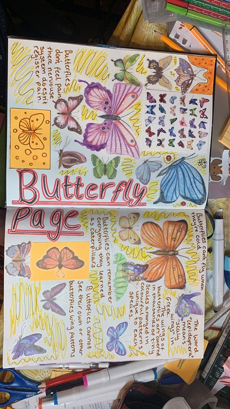 Butterfly Gcse Art Page, Butterfly Art Journal Pages, Sketch Book Butterfly, Gcse Butterfly Art, Butterfly Journal Page, Butterfly Sketchbook Pages, Textiles Butterfly, Art Research Page, Research Sketchbook