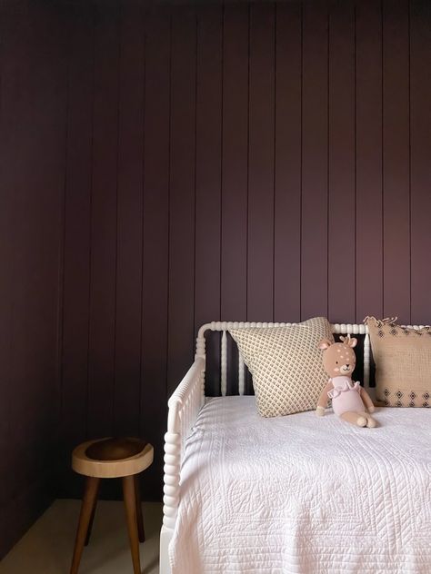 Board And Batten Purple Wall, Heliotrope Paint Color, Wallpaper Accent Wall Kids Room, Plum Color Nursery, Best Plum Paint Color, Expressive Plum Bedroom, Plum Dandy Sherwin Williams, Sw Expressive Plum, Sw Mulberry Silk