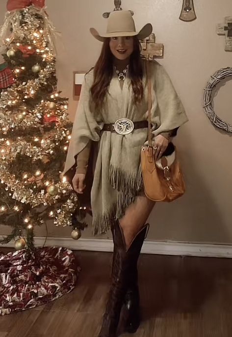 Western Style Outfits Winter, Sweater Dress Cowboy Boots, Cowboy Christmas Outfits For Women, Christmas Western Outfit, Knee High Western Boots Outfit, Cowboy Christmas Outfit, Cowgirl Christmas Outfit, Elegant Western Outfits, Sparkly Cowgirl Outfit