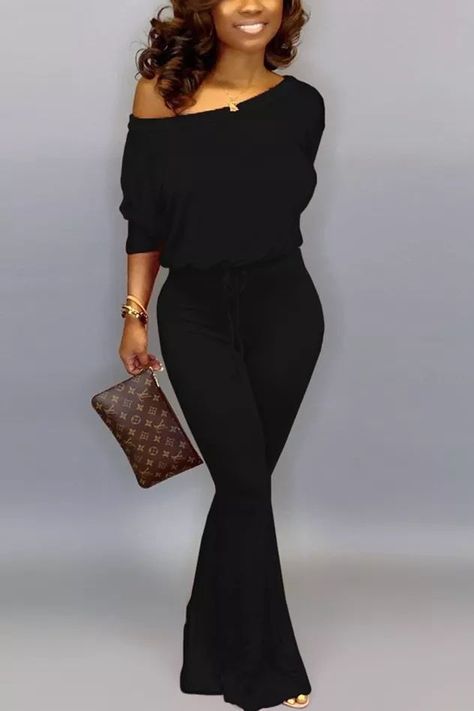 0731460a8a5ce1626210cbf4385ae0efdesc51624425ri Black One Piece Jumpsuit, Black Jumpsuits, Yellow Jumpsuit, Bat Sleeve, Jumpsuit With Sleeves, Black Women Fashion, All Black Outfit, Looks Chic, Jumpsuit Fashion