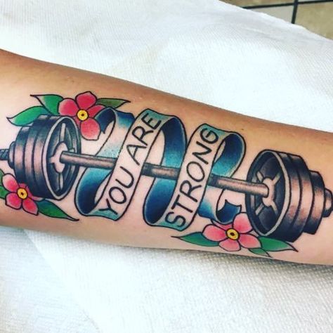 From one of the #GRRRLarmy badasses! You are #Strong! #WeightLiftMeUp #StrongAF #Tattoo #Barbell Barbell Tattoos, Powerlifting Tattoo, Weightlifting Tattoo, Dumbbell Tattoo, Gym Tattoos, Taco Tattoos, Bodybuilding Tattoo, Vintage Style Tattoos, Pin Up Girl Tattoo