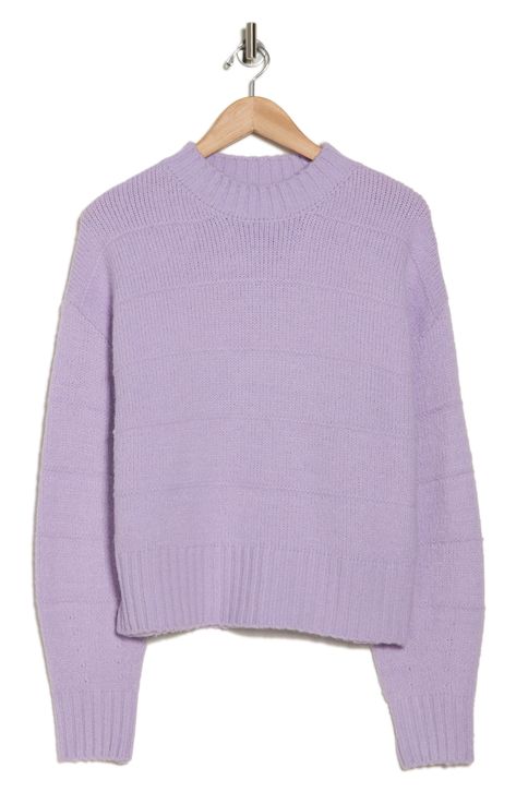 Get cozy in this textural striped sweater knit in a slouchy silhouette from soft, stretchy yarns. 22" length Crewneck Long sleeves 78% acrylic, 10% wool, 10% nylon, 2% spandex Hand wash, dry flat Imported Purple Clothes, Movie Outfits, Lavender Sweater, Movies Outfit, Bell Sleeve Sweater, Cute Fit, Purple Sweater, Winter Tops, Purple Top