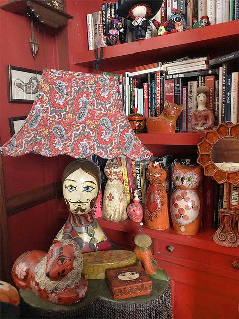 Gemma Taccogna, Red Bookcase, Eccentric Home, Home Objects, Bookshelves In Living Room, Quirky Home, Eclectic Living, Brandon Maxwell, Classic Living Room