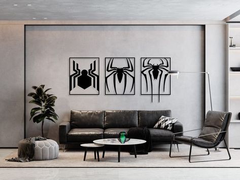 Spiderman Wall Art, Minimal Bedroom Design, Nerdy Decor, Superhero Decorations, Marvel Wall, Minimal Bedroom, Movie Room, Metal Artwork, Modern Minimalist