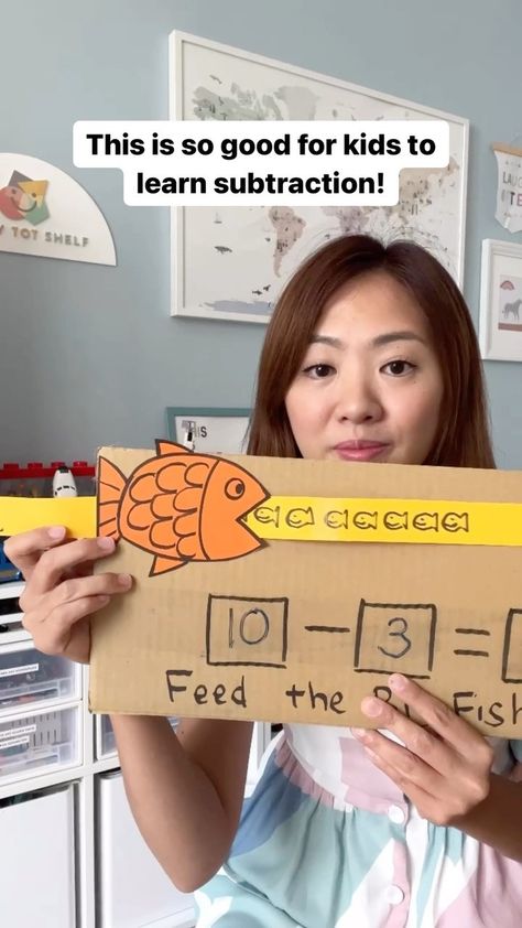 Fynn Sor | Happy Tot Shelf on Instagram: “You have to make this Feed the Big Fish Subtraction Board! This simple DIY learning toy is so good to help young children visualize the…” Matematik Prasekolah, Aktiviti Tadika, Easy Math Activities, مشروعات العلوم, Aktiviti Kanak-kanak, Homeschool Preschool Activities, English Activities For Kids, Kindergarden Activities, Physical Activities For Kids