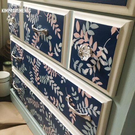 From dated to elegant glam... check out this dresser makeover tutorial on how I used chalk paint and stenciling to get this one-of-a-kind dresser, perfect to add a little razzle dazzle to a room!   #chalkpaint #razzledazzle #dressermakeover #paintedfurniture #rustoleum #glassknobs #glamorous #upcycle #stenciling #blueandpink Dresser With Decals, Diy Painted Dresser, Refinished Dresser Diy, Diy Furniture Restoration, Dresser Refinish, Furniture Upcycle, Diy Dresser Makeover, Crackle Painting, Diy Chalk Paint