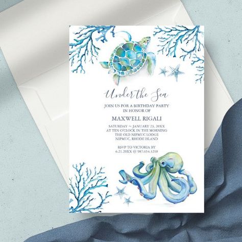 $2.42 | Under The Sea Boy Watercolor Birthday Party | Birthday Invitations | under the sea, cute, boys, nautical marine life, sea creatures, watercolor, seaside, beach, blue ocean animals, twins Coastal Birthday, Creative Birthday Party Ideas, Simple Birthday Party, Floral Cards Design, Birthday Themes For Boys, Sea Birthday Party, Beach Themed Party, Watercolor Birthday, Boy Birthday Invitations