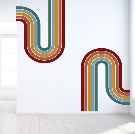 Retro Stripe Decals Rainbow Wall Decal Nursery Wall Sticker - Etsy UK Kids Accent Wall Boys, 70s Stripe Wall, Retro Stripe Wall, Retro Accent Wall, Kids Accent Wall, 70s Wall Mural, Vibrant Bathroom, Office Redesign, Paint House