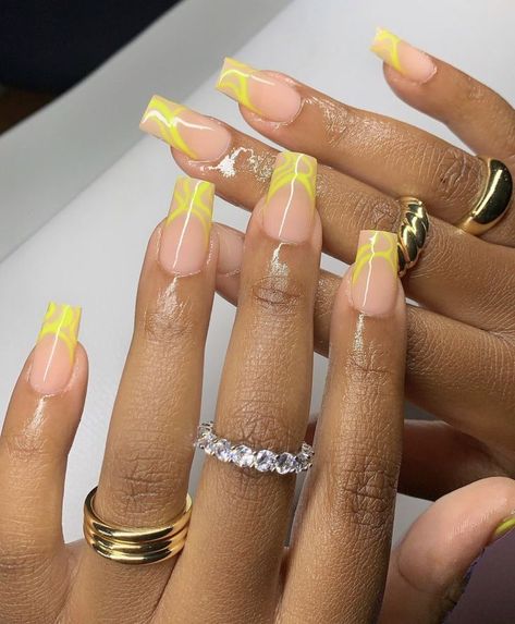 Side French Tips Nails, French Tip Yellow Nails, Acrylic Nails Yellow, Bad Gyal, Short Square Nails, French Tip Acrylic Nails, Short Square Acrylic Nails, Nail Idea, Unique Acrylic Nails