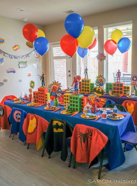 Diy Superhero Birthday Party, Avenger Party, Avengers Birthday Party Decorations, Superman Birthday Party, Superhero Party Decorations, Marvel Birthday Party, Superman Birthday, Superhero Theme Party, Avenger Birthday Party