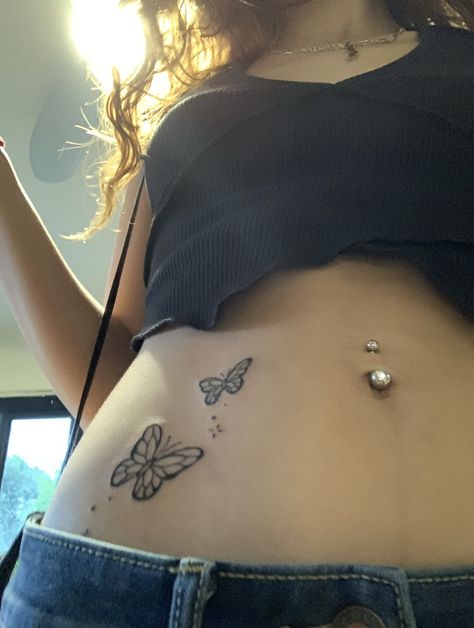 Stomach Tattoos Women Butterfly, Butterfly Tattoo Belly Side, Waist Tattoos Butterfly, Butterfly Tattoo Stomach For Women, Front Waist Tattoo, Butterfly Chandelier Tattoo, Butterfly Waistline Tattoo, Lower Waist Tattoos For Women, Small Lower Stomach Tattoos For Women