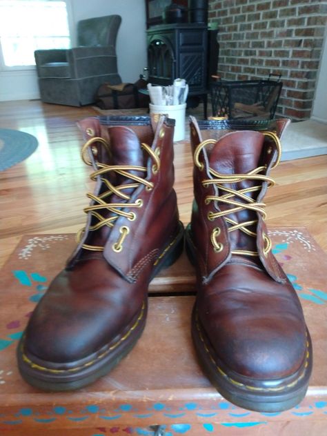 30+ year old English Doc Martens 1640s cleaned, and polished. Can't wait for some consistent fall weather. Vintage Oiled Leather Work Boots With Round Toe, Vintage Brown Work Boots With Reinforced Heel, Vintage Brown Oiled Leather Work Boots, Vintage Lace-up Oiled Leather Boots, Worn Doc Martens, 30 Years Old, Fall Weather, Doc Martens, Old English