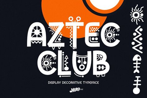 Aztec Club is a display decorative typeface.  The typeface is presented in two fonts: regular and basic.  The typeface describes about stylish, ethnic, different, pride, unique and easy to use. Aztec Club inspired by ethnic, local pride, culture and sub culture around the world.  FEATURES - Uppercase and Lowercase letters - Numbering and Punctuations - PUA Encoded Characters - Multilingual Support - Works on PC or Mac - Simple Installation  USE Aztec Club typeface works great in logotype, headli Culture Around The World, Decorative Typeface, Poster Magazine, Local Pride, Worship Service, Uppercase And Lowercase Letters, Typeface Design, Font Names, Vintage Typography