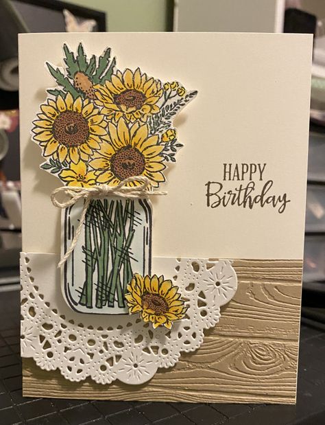 Su Jar Of Flowers Cards, Handmade Cards With Sunflowers, Sunflower Birthday Cards Handmade, Lady Birthday Cards Handmade, Stampin Up Jar Of Flowers Cards, Mason Jar Cards Handmade, Jar Of Flowers Stampin Up Cards, Sunflower Cards Handmade, Stampin Up Jar Of Flowers