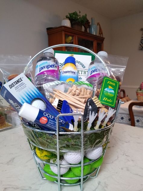 Golf Donation Basket, Golf Tournament Basket Ideas, Golf Baskets Ideas, Golf Auction Basket, Golf Auction Basket Ideas, Golf Outing Basket Ideas, Golf Care Package, Golf Fundraiser Basket Ideas, Golf Themed Basket