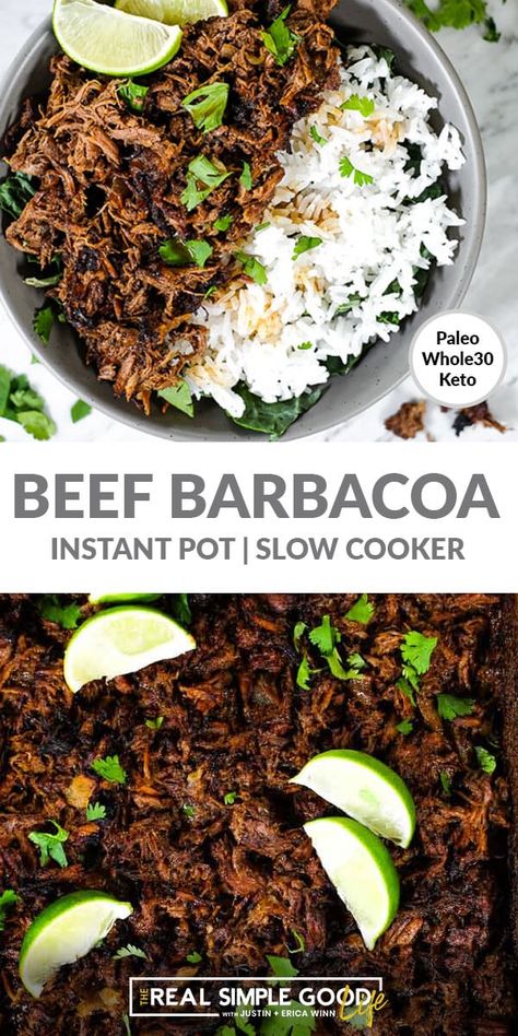 Make this healthy, mouth-watering beef barbacoa using the instant pot or slow cooker! An authentic mexican recipe that's easy to make and gives you a big batch shredded beef with smoky chipotle flavor. Use it for tacos, bowls, salads or even nachos. It's Paleo, Whole30 and Keto friendly too! #beefbarbacoa #slowcooker #keto #whole30 Beef Barbacoa Slow Cooker, Whole30 Beef, Beef Barbacoa, Keto Slow Cooker, Instant Pot Slow Cooker, Barbacoa Recipe, Healthy Mouth, Barbacoa Beef, Mexican Recipe