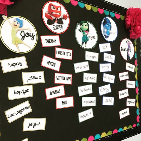 I love how our Inside Out Character Traits board came out!! Emotion Bulletin Board, Inside Out Theme Bulletin Board, Inside Out Classroom Theme Ideas, Inside Out Bulletin Board Ideas, Inside Out Ra Board, Inside Out Theme Classroom, Inside Out Emotions Bulletin Board, Inside Out Classroom Theme, Inside Out Classroom