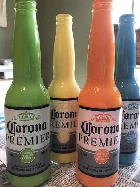 painted beer bottles for Cinco De Mayo party decorations Painting Beer Bottles, Painted Beer Bottles, Beer Painting, Beer Bottles, Soju Bottle, Beer Bottle, Acrylic Paint, Basement, Party Decorations