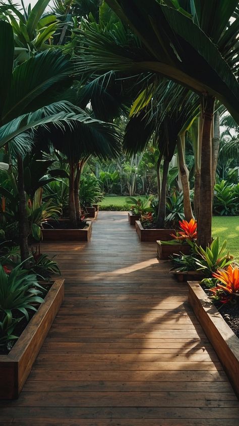 Tropical Escape: 15 Stunning Design Ideas for Your Backyard Paradise - pulsepathlife.com Banana Tree Front Yard, Tropical Pool Landscaping Ideas, Backyard Forest Landscape, Bali Landscape Design, Tropical Landscaping Front Yard, Lebanon Landscape, Small Tropical Backyard, Tropical Courtyard Garden, Resort Landscape Design