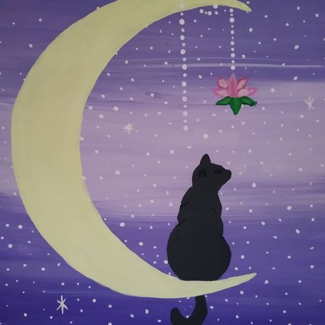 Crescent Moon Acrylic Painting, Crescent Moon Art, Black Cat Sitting, Sitting On The Moon, Cat Shadow, Black Cat Painting, Shadow Painting, Small Canvas Paintings, Black Cat Art