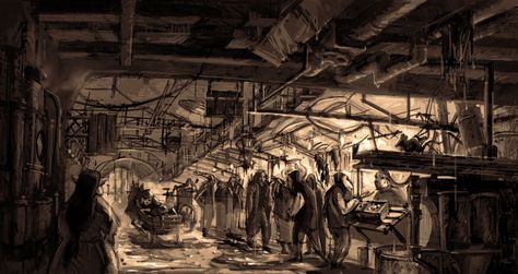 The Floating Market in London Underground. An illustration for Neil Gaiman's "Neverwhere" by Kam Cheung (click through for more!). Black Market Aesthetic, Underground Market, Market Aesthetic, Floating Market, Stage Background, London Underground, Neil Gaiman, Visual Development, Places To Travel