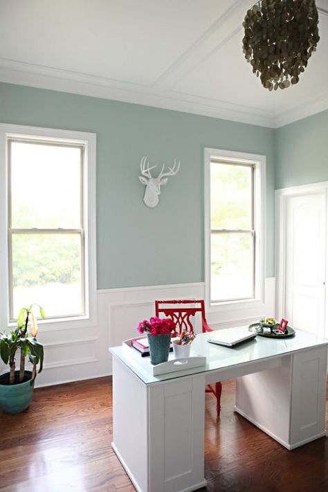 How to Choose the Right Paint Color without Regrets! | Palladian Blue vs. Sea Salt Palladian Blue Benjamin Moore, Best Blue Paint Colors, Palladian Blue, Office Paint Colors, Blue Green Paints, Office Paint, Choosing Paint Colours, Blue Paint Colors, Green Paint Colors