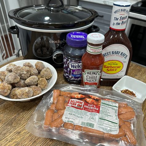 Crockpot Meatballs and Little Smokies - Cooking in the Midwest Bbq Lil Smokies Crock Pot, Lil Smokies And Meatballs Crock Pot, Bbq Smokies Crockpot, Cocktail Meatballs Crockpot, Crockpot Bbq Meatballs, Bbq Meatballs Crockpot, Cooking In The Midwest, Cooking Frozen Meatballs, Sweet Meatballs