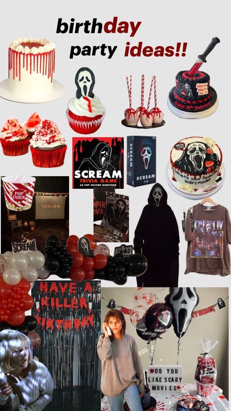 summerween ghost face birthday party!! #19 Horror Themed 21st, Birthday Party Horror Theme, Scream Themed Sleepover, Slasher Theme Birthday Party, Scary Sweet 16 Party, Scary 30th Birthday Party, Horror Themes Birthday Party, Ghost Face Party Decorations, Ghostface Wedding