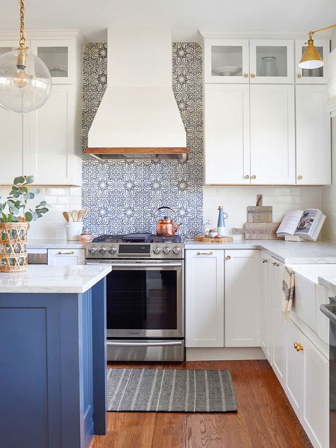 Spanish Tile Backsplash, Major Kitchen Appliances, Dinnerware Storage, White Farmhouse Sink, Grey Interiors, Kitchen Remodel Before And After, Spanish Tile, White Cabinetry, Kitchen Tile