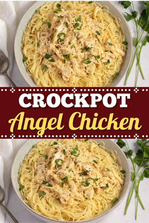 Dinner is easy with this Crockpot angel chicken! With just 7 ingredients, it's a heavenly meal everyone will love. Chicken Angel Hair Pasta, Crockpot Chicken Alfredo, Angel Chicken, Chicken Crockpot Recipes Easy, Chicken Entrees, Chicken Crockpot, Chicken Dinners, Easy Slow Cooker Recipes, Angel Hair