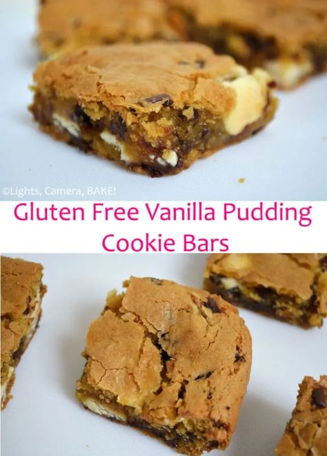 Vanilla Pudding Cookie Bars (Video) - Gluten Free Week - Lights, Camera, BAKE! | Addictive Baking, Desserts & Sweet Treat Recipes Pudding Cookie Bars, Vanilla Pudding Cookies, Vanilla Pudding Desserts, Pudding Bars, Gluten Free Cookie Bars, Pudding Bar, Gooey Cookies, Pudding Cookies, Bake Recipes