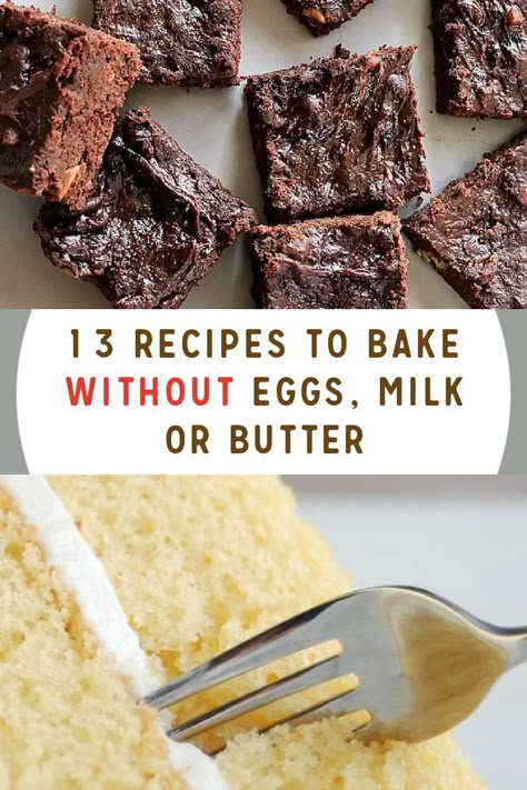 13 Recipes to Bake Without Eggs, Butter or Milk - Got milk? It's okay if you don't! Here are 13 recipes to try without eggs, milk, and butter! It may sound strange, but it's true when we say that these recipes are easy to make! And besides, we promise you'll love our Vanilla Crazy Cake which substitutes eggs, milk, and butter for pure deliciousness. Baking With Avocado, Butter Substitute Baking, Butterless Cookies, Cake Recipes Without Milk, Milk Substitute For Baking, Vanilla Crazy Cake, Baking Without Butter, Egg Free Dessert Recipes, Cakes Without Butter