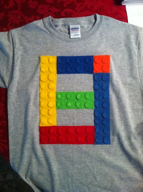 Homemade Lego shirt for 8th birthday.Felt, fabric glue and patience :) Lego Shirt Ideas Birthday, Diy Lego Shirt, Legoland Shirts, Lego Birthday Shirt, Legos Birthday, Lego Bible, Diy Kids Shirts, Lego Movie Party, Lego Friends Birthday