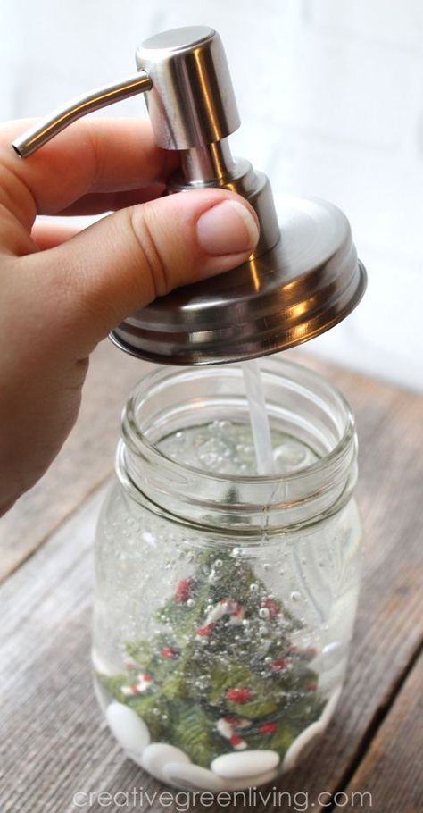 Diy Christmas Soap Dispenser, Christmas Soap Dispenser, Repurposed Jars, Diy Soap Dispenser, Make A Snow Globe, Mason Jars Ideas, Soap Dispenser Diy, Jars Ideas, Soap Christmas