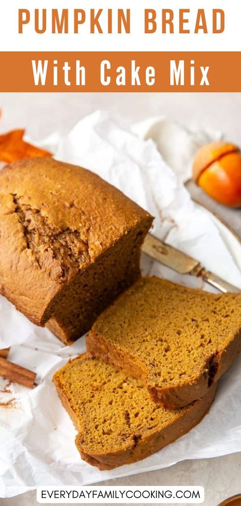 Perfectly moist and fluffy and bursting with autumnal spices, my pumpkin bread with cake mix is perfect for breakfast or simply to have around the house for munching! Breakfast Biscuit Recipe, Pumpkin Bread Mix, Pumpkin Bread Easy, Pumpkin Recipes Easy, Pumpkin Spice Recipe, Pumpkin Spice Cake, Cloud Bread, Spice Cake Mix, Holiday Snacks