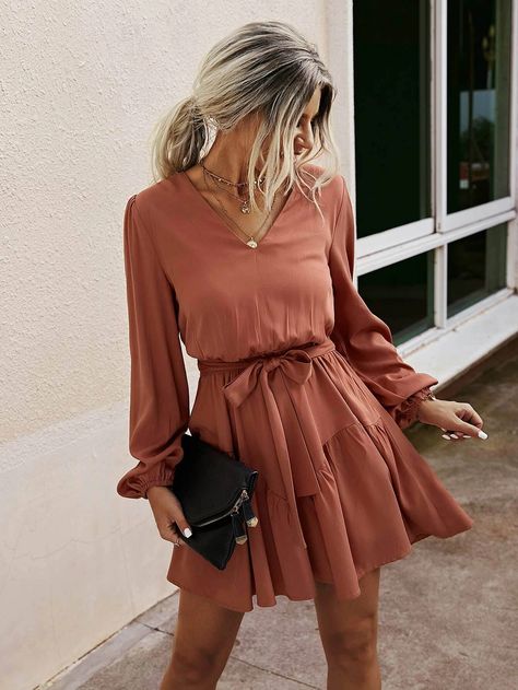 Rust Color Dress, Burnt Orange Dress, Rust Dress, Boutique Tops, Lantern Sleeve, Shein Style, Lantern Sleeves, Dress With Bow, Belted Dress