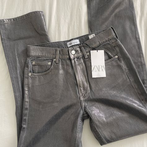 Nwt Size 4 Metallic Jeans, Metallic Pants, Zara Jeans, Jeans Color, Colored Jeans, Mid Rise, Foil, Straight Leg, Size 4