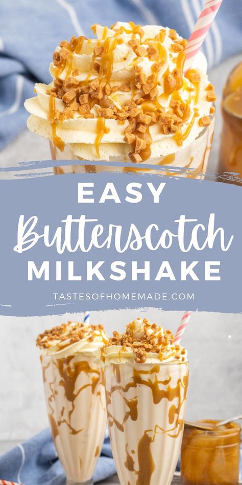 Butterscotch Milkshake Recipes, Delicious Milkshakes Recipes, Malt Shake Recipes, How To Make Chocolate Milkshakes, Drinks To Make In A Blender, Fun Milkshake Ideas, Butterscotch Smoothie, Maple Milkshake, Butterscotch Milkshake