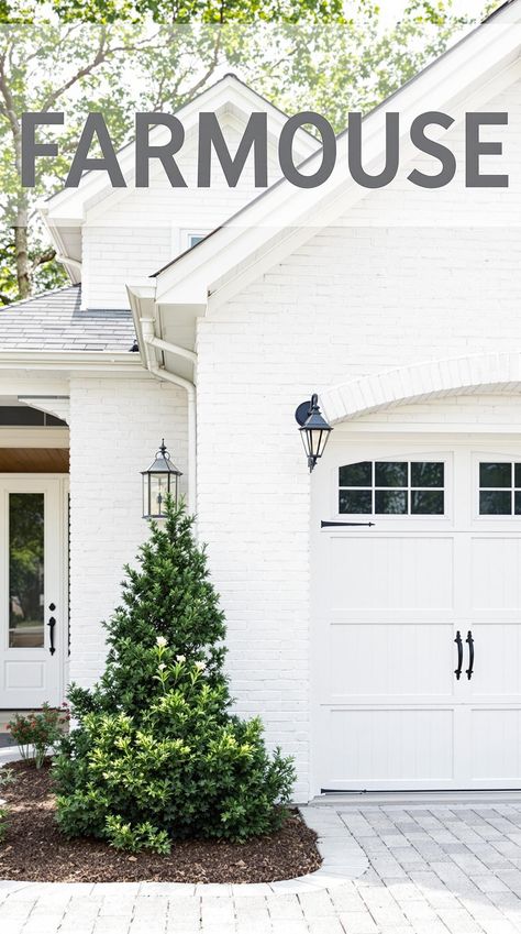 Farmhouse Garage Board And Batten Garage Exterior, Painted Brick Farmhouse, Garage Doors Farmhouse, Farmhouse Garage Doors, Open Concept Farmhouse, Concept Farmhouse, Brick Options, Detached Garage Designs, Garage With Living Quarters